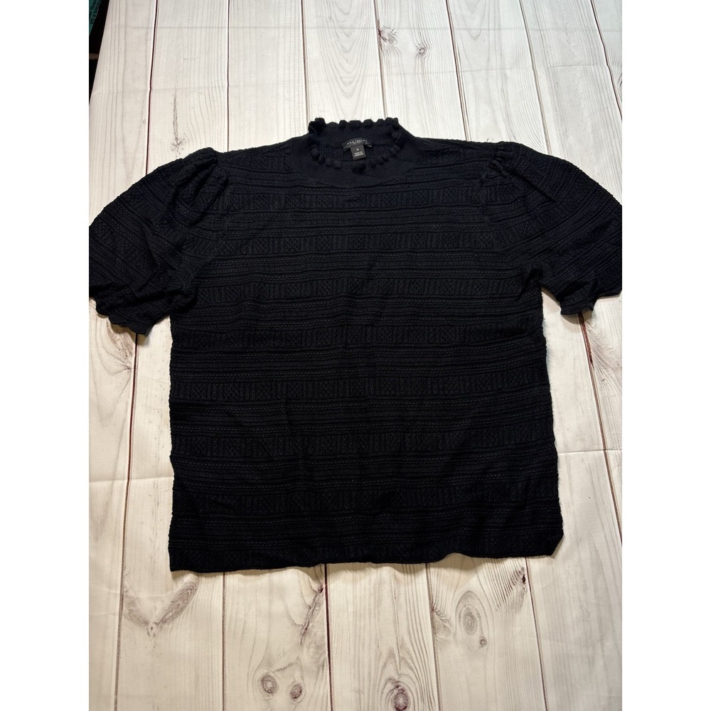 Ann Taylor Black Knit Sweater Short Sleeve Scallop Hem Ruffle Neck Top Medium